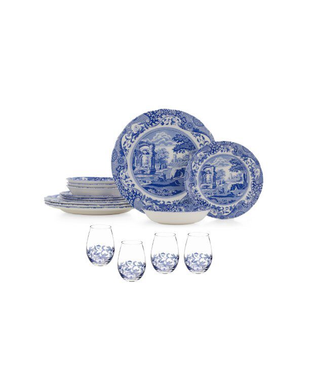 Blue Italian 16PC Set W/Stemless Wine glasses